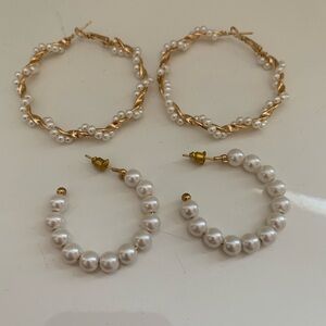 2 pair gold tone twisted and simple hoop faux pearl earrings.